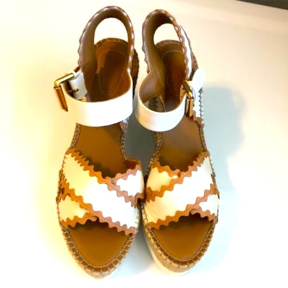 New SEE by CHLOE' Glyn Scalloped Leather Espadrille Wedge Sandal 11 MSRP $350 - Picture 4 of 9
